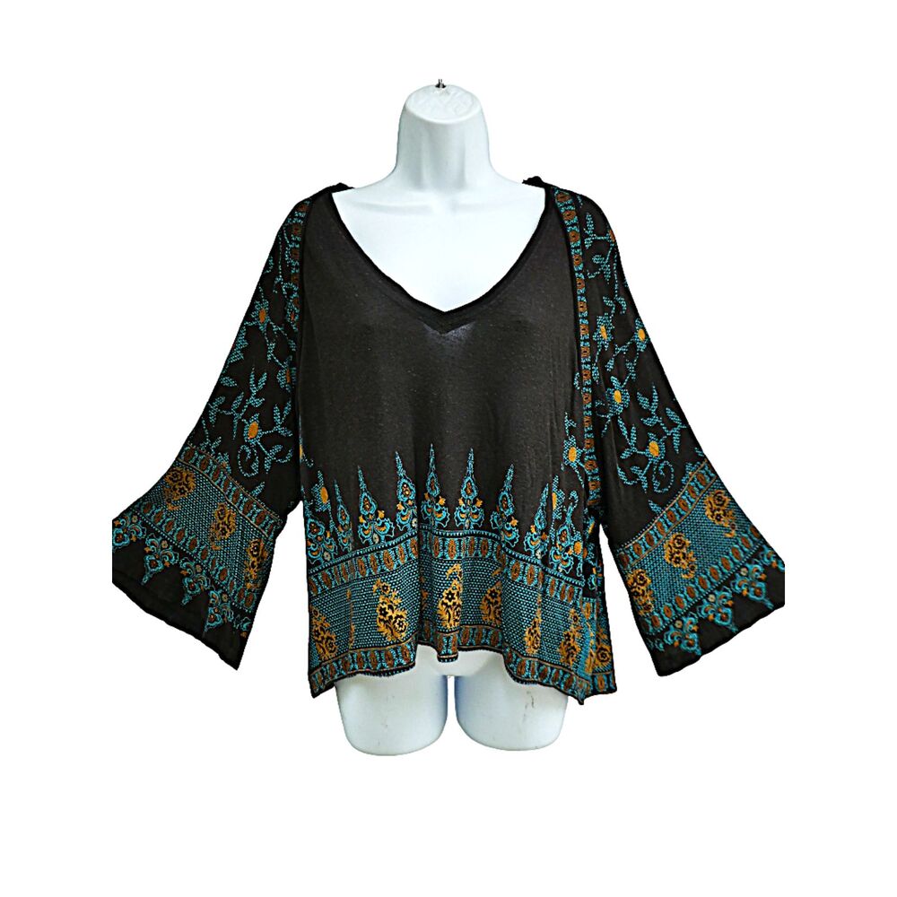 Free People Black V Neck Boho Top Bell Sleeves Blue Gold Damask Border Peasant